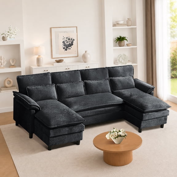 Soscana U Shaped Cloud Couch Sectional Sofa 4 Seat with Double Chaise, Modern Chenille Sofa with 4 Waist Pillows for Living Room Apartment Office Studio,Black