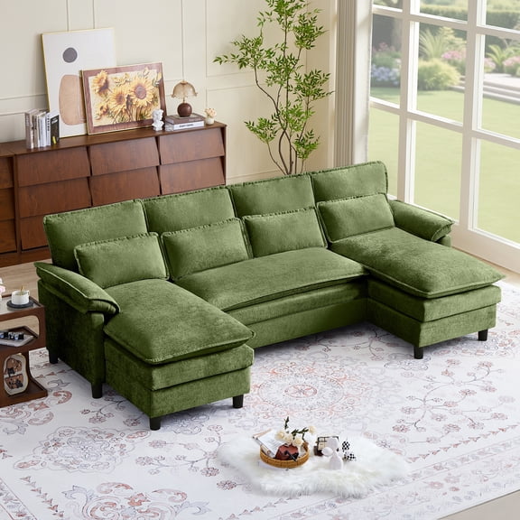 Soscana U Shaped Cloud Couch Sectional Sofa 4 Seat with Double Chaise, Modern Chenille Sofa with 4 Waist Pillows for Living Room Apartment Office Studio,Green