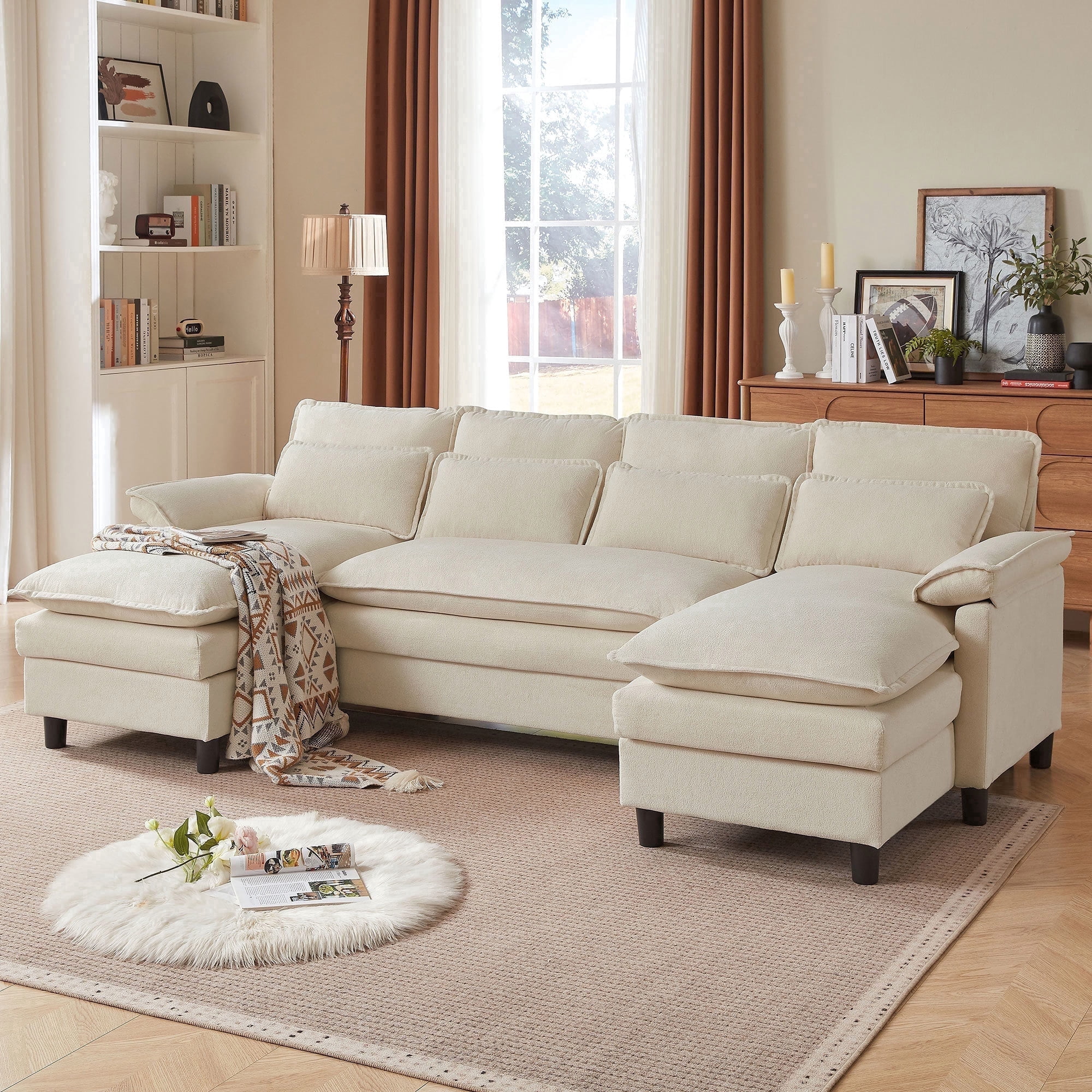 Soscana U Shaped Cloud Couch Sectional Sofa 4 Seat with Double Chaise, Modern Linen Sofa with Waist Pillows for Living Room Apartment Office Studio,Beige