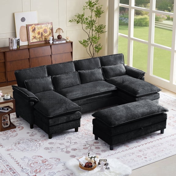 Soscana U Shaped Sectional Sofa with Storage Ottoman,Cloud Couch 4 Seat with Double Chaise, Modern Chenille Sofa with 4 Waist Pillows for Living Room Apartment Office Studio,Black