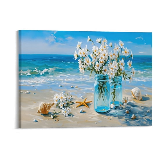 Soscooter Beach Scene Canvas Large Wall Art Blue Ocean Landscape Prints, Teal Coastal Starfish Painting Pictures Living Room Office Bedroom 16x12 inches