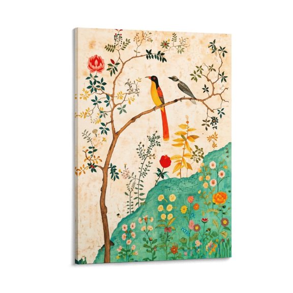 Soscooter Birds And Flowers Decorative Painting with Frame Wall Decoration Vintage Botanical Art Oriental Style Modern Minimalist Perfect,16x24 inch