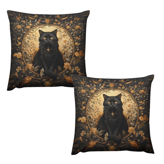 Soscooter Black Cat Floral Gold Frame Pillow Covers 18x18 Inch Set of 2, Soft Short Plush Hidden Zipper