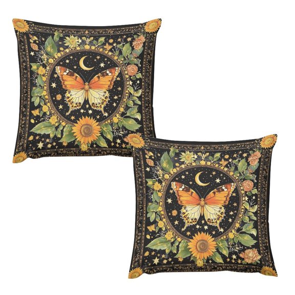 Soscooter Butterfly Sunflower Pillow Covers 18x18 Inch Set of 2, Black Moon Star Floral Border, Soft Short Plush Hidden Zipper