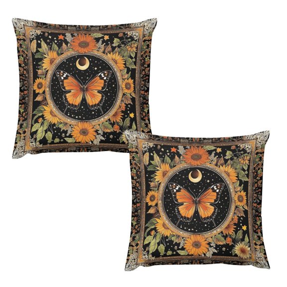Soscooter Butterfly Sunflower Pillow Covers 18x18 Inch Set of 2, Black Moon Star Floral Design, Soft Short Plush Hidden Zipper