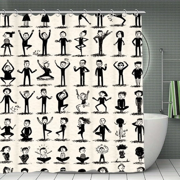Soscooter Cartoon Stick Figures Shower Curtain with Playful Yoga Poses & Dance Moves, Heavy Duty, Year Round Use, Bathroom Decor, Room Accent,70.8x70.8In