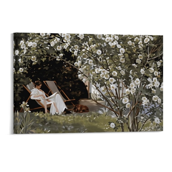 Soscooter Framed Vintage Canvas Wall Art, Retro French Country Garden Women Flower Classical Painting Bedroom Art Print,18x12 inches