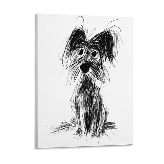 Soscooter Framed canvas - Sketch of a shaggy dog looking up - wall art painting, canvas wall art,poster, artwork wall painting gift, bedroom,12x16 inch