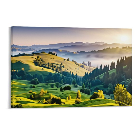 Soscooter Green Mountain Wall Art Sunrise Nature National Park Landscape Canvas Prints Decor Misty Forest Scenery Picture Painting Artwork for Bedroom Living Room Bathroom Decoration,18x12 inches