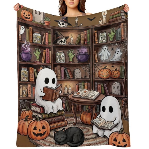 Soscooter Halloween Throw Blanket Gifts - Ghost Reading Blanket for Book Lovers Spooky Pumpkin Lightweight Soft Flannel Throw Blanket , 40x50 Inch