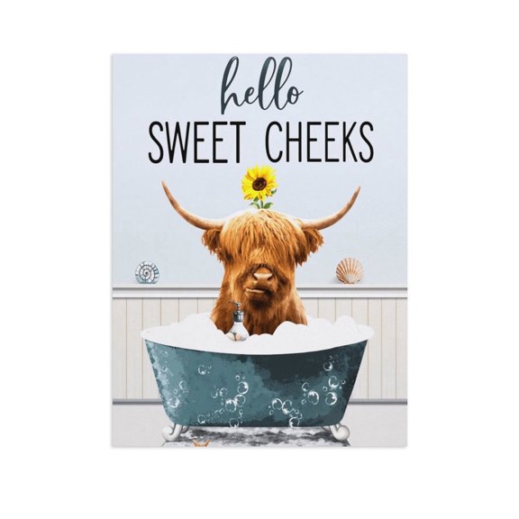 Soscooter Hello Sweet Cheeks Highland Cow Bath Canvas Wall Art, Funny Cow Bathroom Print, Humorous Farmhouse Wall Decor,12x16 inch
