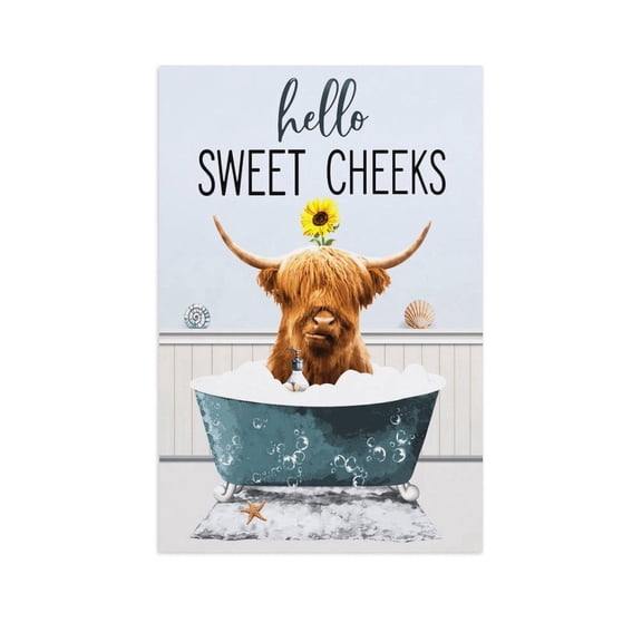 Soscooter Hello Sweet Cheeks Highland Cow Bath Canvas Wall Art, Funny Cow Bathroom Print, Humorous Farmhouse Wall Decor,24x36 inch