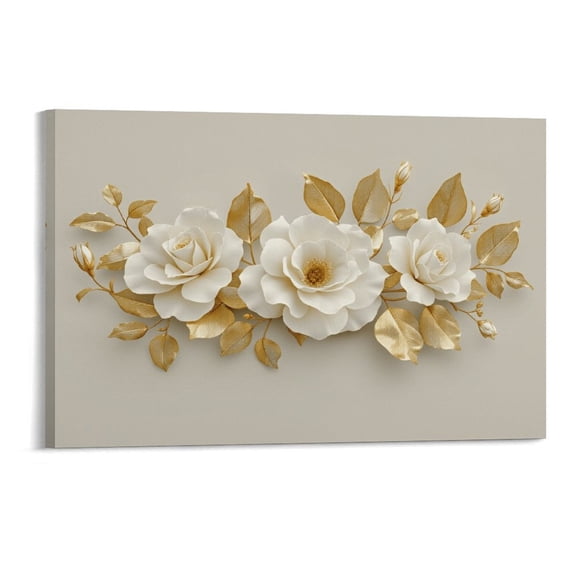 Soscooter Modern White Floral Golden Leaves Canvas Wall Art Prints, Neutral Flowers Painting Pictures Boho Wall Decor Artwork Bedroom Living Room 18x12 inches