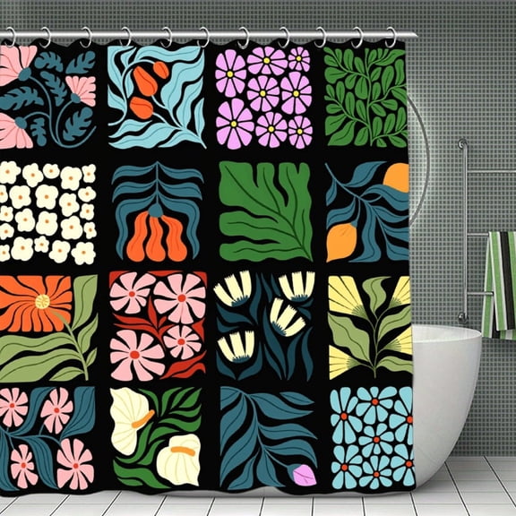 Soscooter Retro Shower Curtain Vintage Abstract Cute Boho Floral Shower Curtains Black Botanical Geometric Groovy Aesthetic Pattern Shower Curtain 70.8x70.8Inch