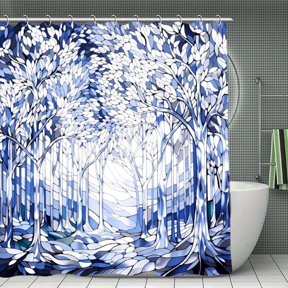 Soscooter Stained Glass Shower Curtain Silver Forest Tree Shower Curtains for Nature Bathroom Decor Sets, Waterproof Cloth Fabric 70.8x70.8Inch