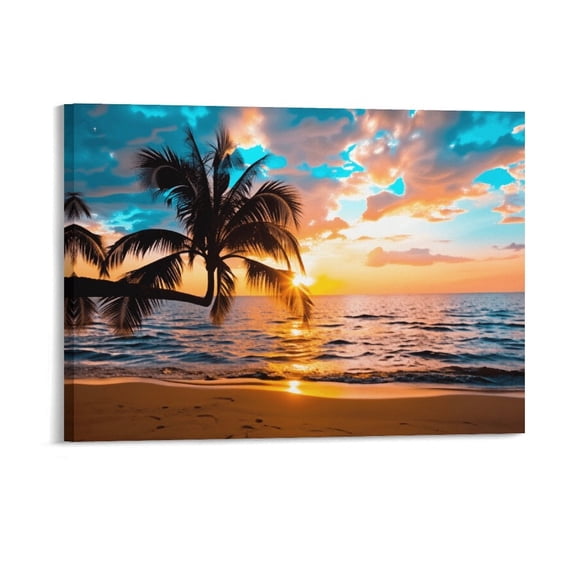 Soscooter Sunset Beach Wall Art Tropical Palm Tree Wall Decor Coastal Landscape Pictures for Living Room Ocean Landscape Canvas Painting Nature Seascape Artwork Bathroom Home Decorations,16x12 inches