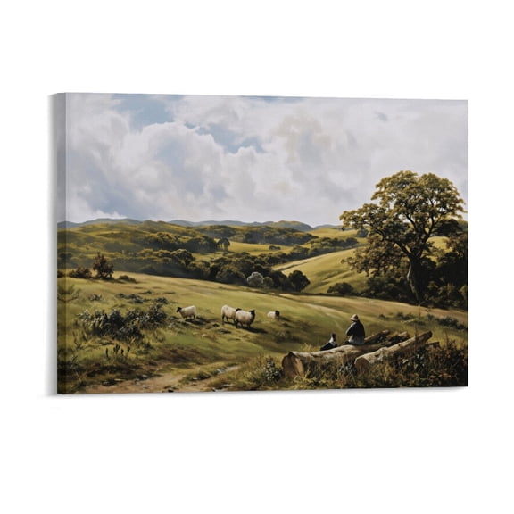 Soscooter Vintage Wall Decor, Vintage Green Nature Canvas Wall Art Prints Bedroom, Sheep Shepherd LandscapeMountain Wall Art Living Room, Rustic Farmhouse Decor for Dining Room,16x12 inches