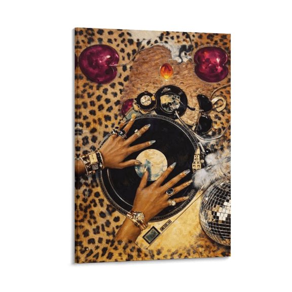 Soscooter Vinyl Record Player with Hands & Jewelry Decor - Frame Retro Suitable for Bedroom, Office, Boho Glam Vintage Modern Decorative Painting,16x24 inch