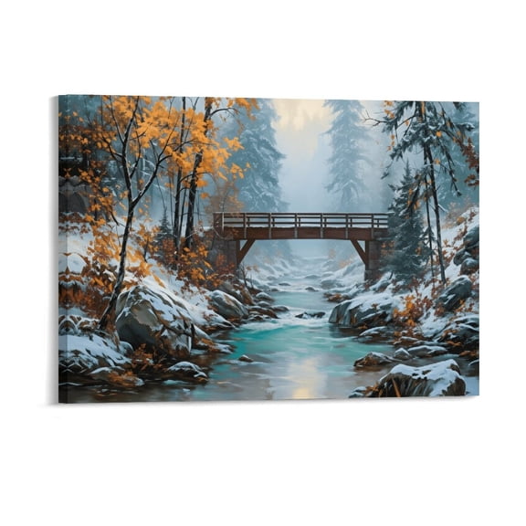 Soscooter Winter Bridge Canvas Wall Art Prints, Snow Mountain Forest Landscapes Village River Pictures Wall Decor Artwork 16x12 inches