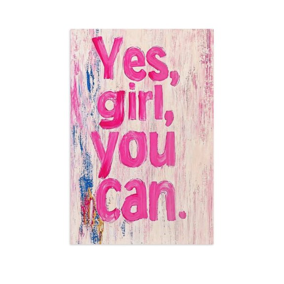 Soscooter Yes Girl You Can Pink Motivational Canvas Wall Art, Girl Boss Inspirational Print, Bright Bedroom Office Decor,16x24 inch