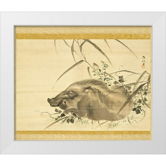 Sosen, Mori 30x26 White Modern Wood Framed Museum Art Print Titled - Wild Boar amidst Autumn Flowers and Grasses