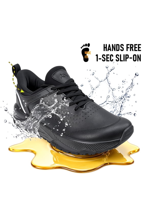 Non Slip Work Shoes for Men,Wide Toe Mens Slip On Shoes,Water Resistant Black Work Shoes,Slip Resistant Leather Kitchen Chef Shoes for Standing All Day 10.5