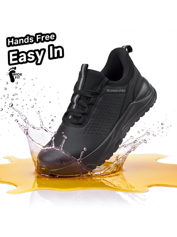 Non Slip Work Shoes for Men,Wide Toe Mens Slip On Shoes,Water Resistant Black Work Shoes,Slip Resistant Leather Kitchen Chef Shoes for Standing All Day 10.5