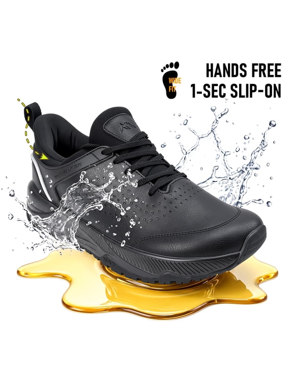 Non Slip Work Shoes for Men,Wide Toe Mens Slip On Shoes,Water Resistant Black Work Shoes,Slip Resistant Leather Kitchen Chef Shoes for Standing All Day 10.5