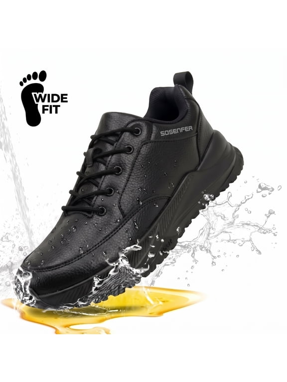 Non Slip Work Shoes for Men,Wide Feet Water Resistant Black Work Shoes,Slip Resistant Leather Kitchen Chef Shoes for Standing All Day