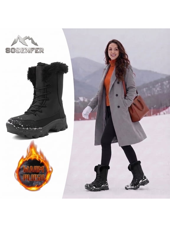 Snow Boots for Women Waterproof Winter Boots Fur Lined Warm Lace Up Black Winter Shoes Womens Hiking Work Boots for Snow, Outdoor & Daily Wear Size 6