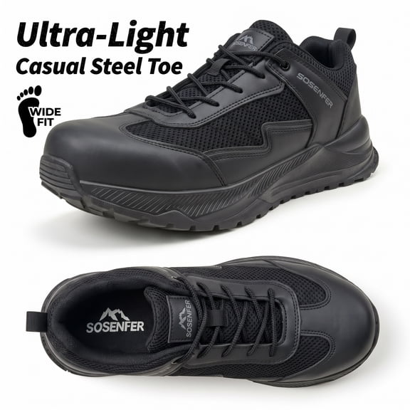 Sosenfer Steel Toe Shoes for Men,Composite Toe Work Shoes,Wide Toe Box Safety Shoes for Men,Lightweight Breathable Mesh Upper Non Slip Rubber Outsole Black Work Sneakers 11