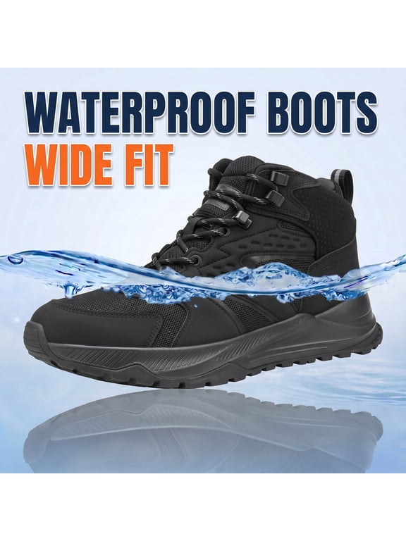 Waterproof Hiking Boots for Men, Lightweight Wide Fit Mid Hiking Shoes with Traction Outsole, Mens Black Waterproof Boots for Trail and Everyday Size 10