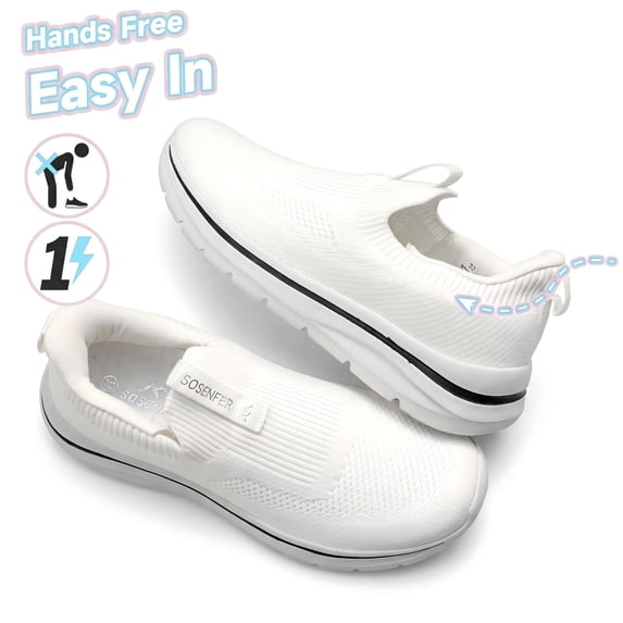 Sosenfer Women's Hands Free Non Slip White Knit Slip On Walking Sneakers