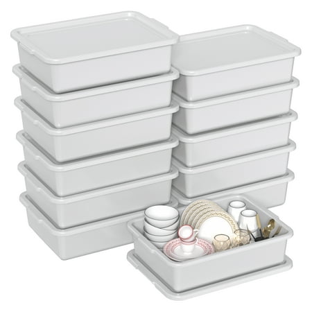 Sosody 12 Packs Plastic Commercial Bus Tub with Lid, 13 L Bus Box with Lid, Gray