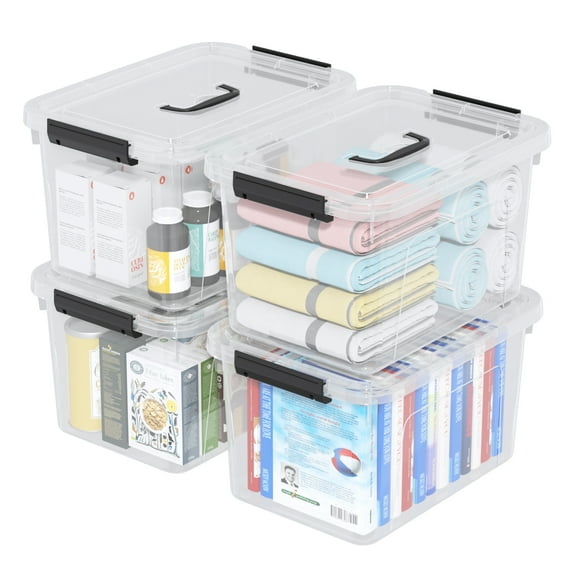 Sosody 20 Quarts Stackable Plastic Storage Latches Box With Lid, Clear Latching Storage Bin With Handle, 4 Packs