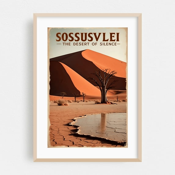 Sossusvlei Vintage Travel Poster – Namibia’s Desert Oasis - Hardap Region Namibia Illustration Desert Travel Poster Vintage Landscape Nature Scenic Sunset Oak Framed Wall Art Print 5 x 7 inches