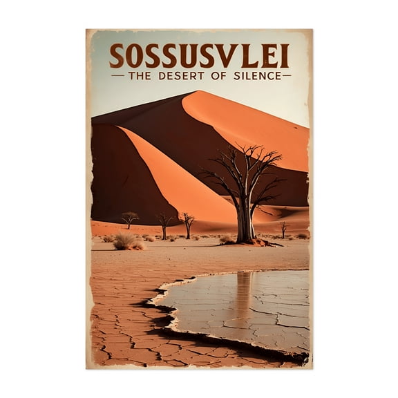 Sossusvlei Vintage Travel Poster – Namibia’s Desert Oasis - Hardap Region Namibia Illustration Desert Travel Poster Vintage Landscape Nature Scenic Sunset Unframed Wall Art Print 4 x 6 inches