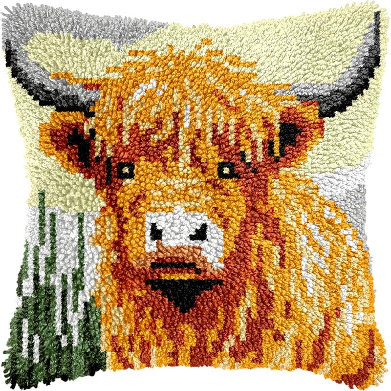 Sottish Highland Cow Latch Hook Pillow Kits Cushion Pillowcase with Pattern Printed Canvas Sofa Hooking Pillows Crafts Embroidery Latch Hooking Crochet Kits 17x17 inch(47)