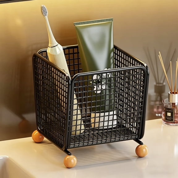 SouMaox Bathroom Storage Rack, Iron Storage Basket for Washbasin, Desktop Organizer with Wooden Base, Compact Mesh Caddy for Small Items, 5.1" x 5.5" x 6.6" Black