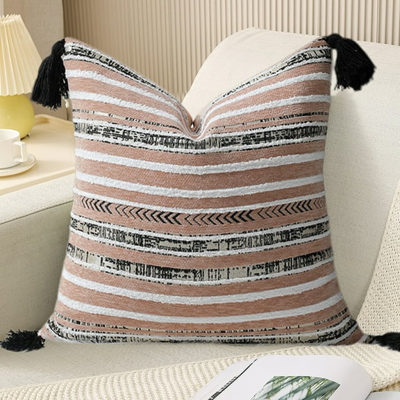 SouMaox Bohemian Tassel Pillowcase, Textured Weave Rainbow Stripe Cushion Cover, Aesthetic Decorative Bedding for Sofa Bedroom Living Room