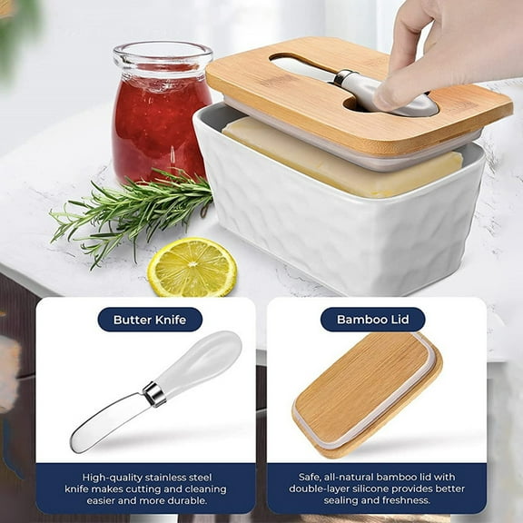 SouMaox Ceramic Butter Crock, Wooden Lid Stoneware Dish, Kitchen Counter Storage Keeper for Modern Farmhouse Dining
