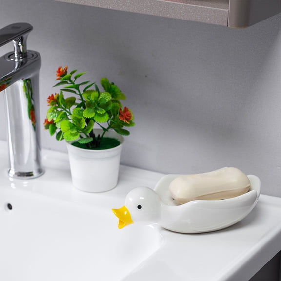 SouMaox Ceramic Duck Soap Holder, Draining Animal Sculpture Deck Tray, Decorative Sink Organizer for Kitchen Bathroom Countertops