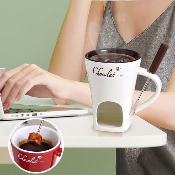 SouMaox Ceramic Fondue Mug Portable Cheese Melting Pot Chocolate Warmer Cup Dipping Set for Family Dinner Parties Outdoor Picnics