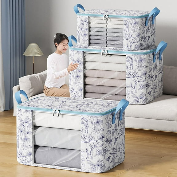 SouMaox Clothes Storage Bag Wardrobe Organizer Bin Portable Quilt Container Clear Window Moving Box Foldable Bedding Garment Suitcase