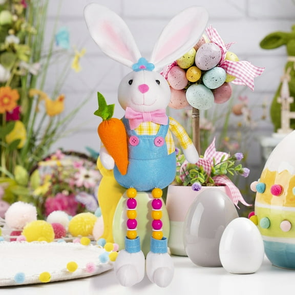 SouMaox Easter Bunny Doll, Long Beaded Legs, Carrot Floral Accent, Festive Window Showcase Display Ornament for Seasonal Home Decoration