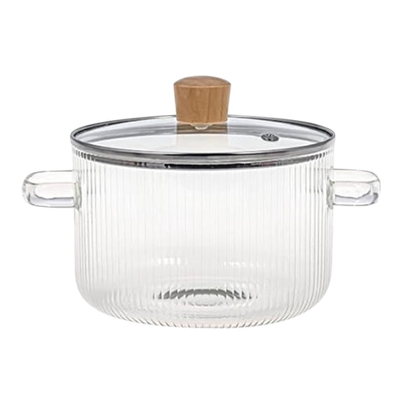 SouMaox Glass Simmer Pot, Clear Stovetop Cooking Pot, Vertical Pattern Stewing Pot, Wooden Bead Handle Soup Pot, Transparent Kitchenware