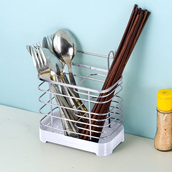 SouMaox Iron Kitchen Storage Rack Modern Double Compartment Utensil Caddy Wall Mounted Cutlery Organizer for Tidy Culinary Workspace