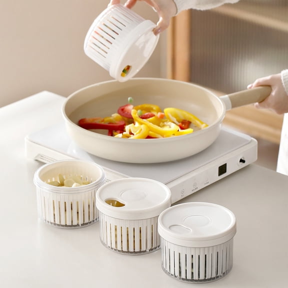 SouMaox Kitchen Ingredient Container, Drainable Vegetable Prep Box with Lid, Double Layer Storage for Fresh Produce and Seasonings, 3.39" x 4.33" x 4.72" White