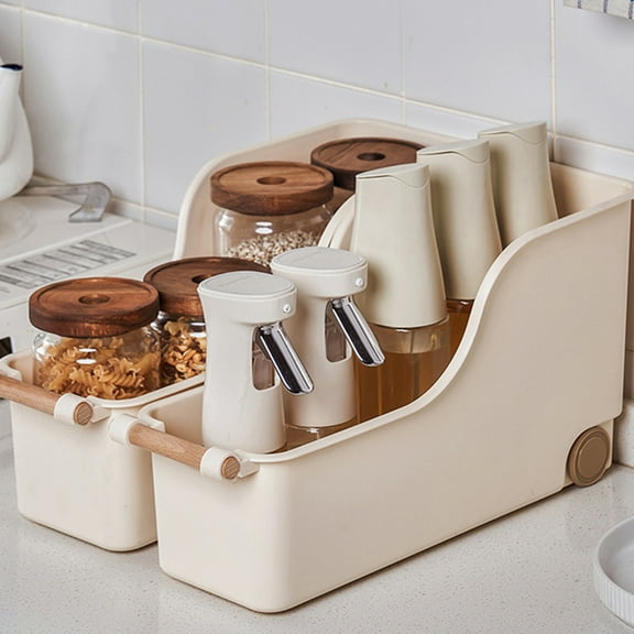 SouMaox Pulley Storage Basket Smooth Rolling Wooden Handle Organiser Sundries Sorting Container for Kitchen Cabinets Pantry Shelf Organization