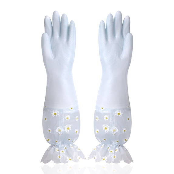 SouMaox Rubber Dishwashing Gloves Floral Trim Long Sleeve Reusable Household Kitchen Cleaning Supplies Waterproof Laundry Hand Gauntlets